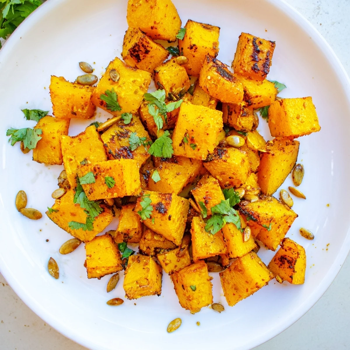 Tender cubes of roasted pumpkin cubes with spice, glistening golden on a baking sheet with aromatic spices.  