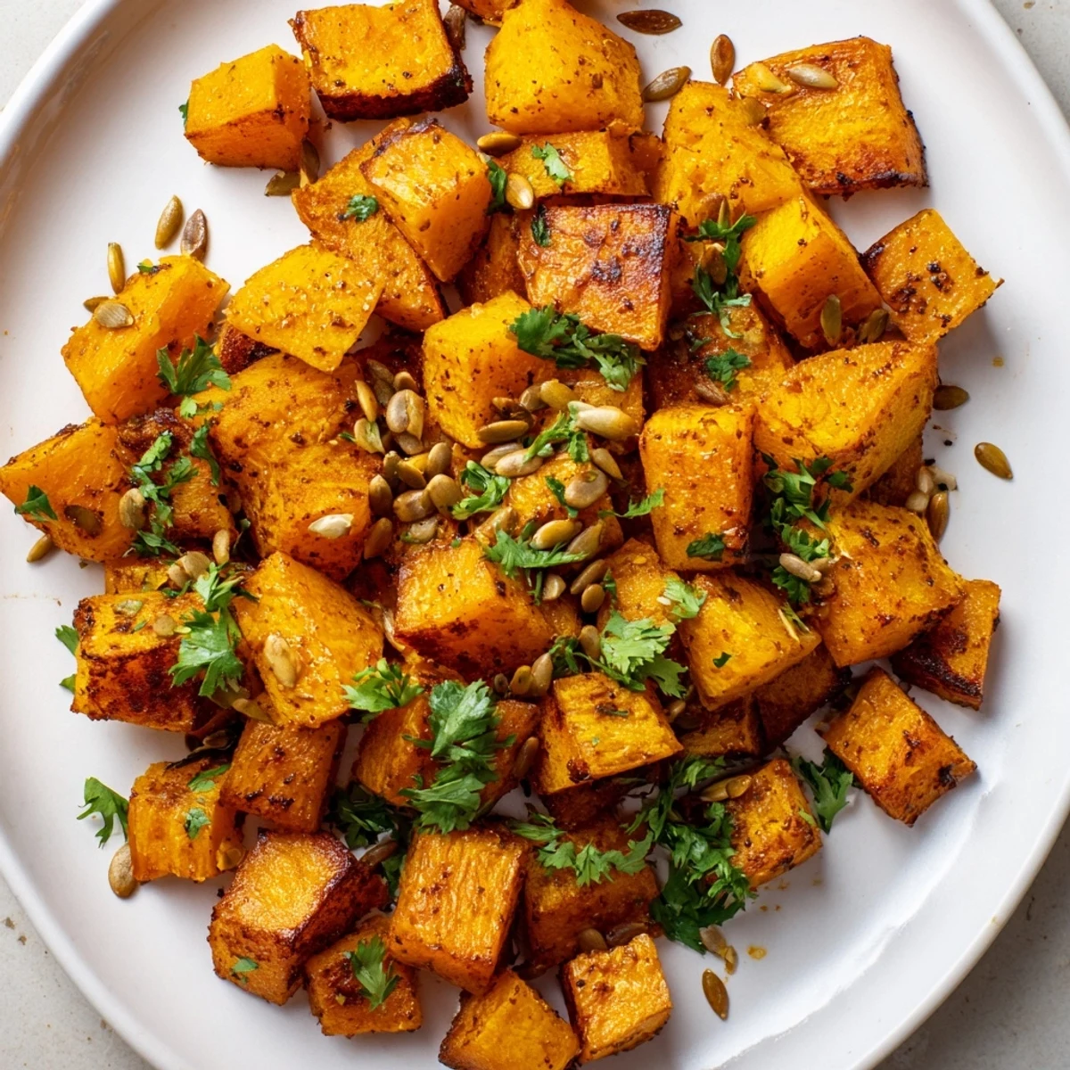 Sizzling roasted pumpkin cubes with spice on a parchment-lined sheet, ready to serve as a warm side dish.