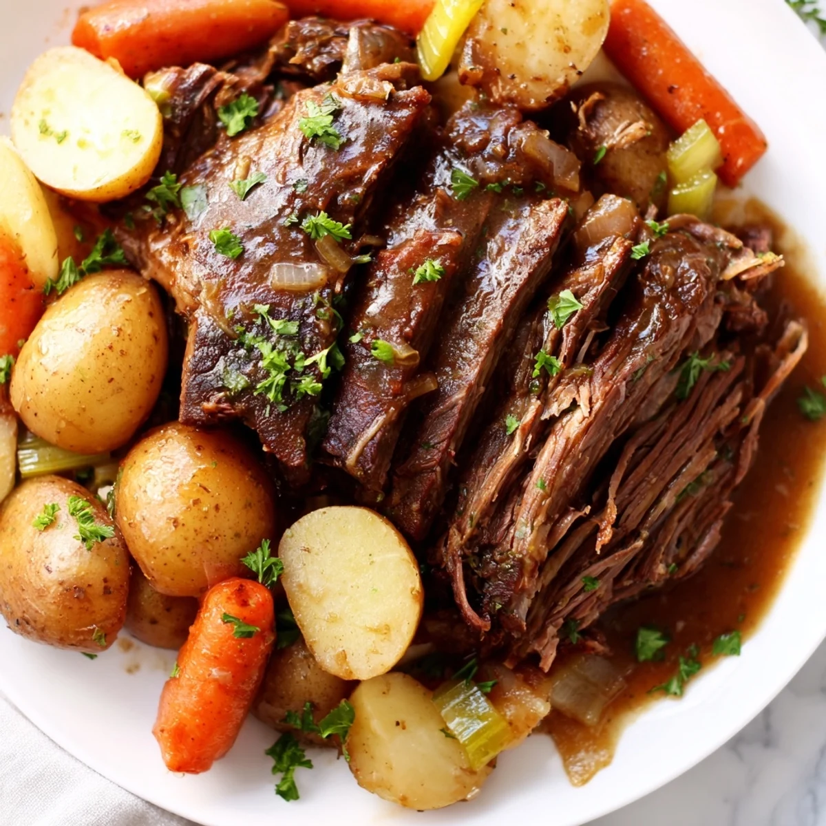 Slow cooker beef roast with tender carrots and potatoes on a rustic platter garnished with fresh parsley.