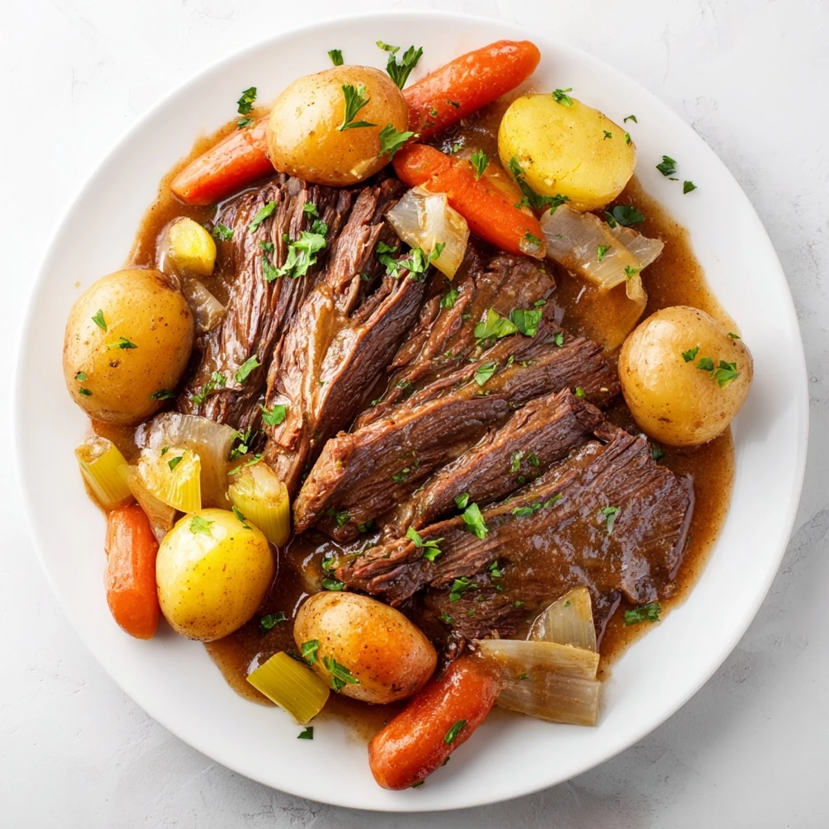 Fork-tender Slow Cooker Beef Roast Dinner with savory herbs, celery, and onions in a rich, homemade gravy.
