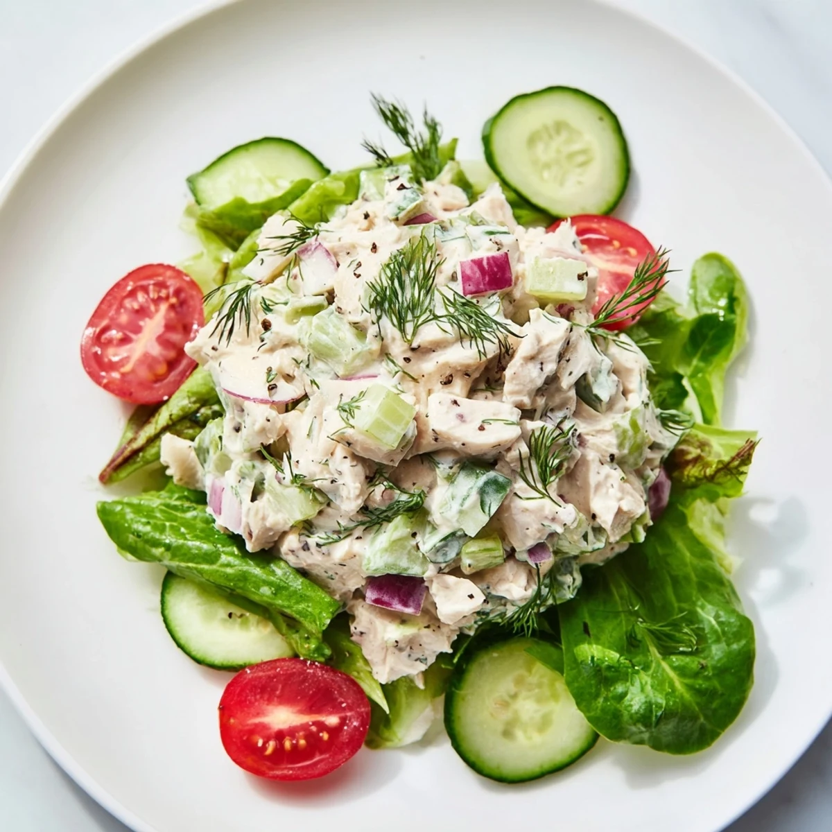 Bright green salad bowl featuring a generous scoop of tender chicken salad, topped with halved cherry tomatoes, cucumber slices, and optional sliced almonds.