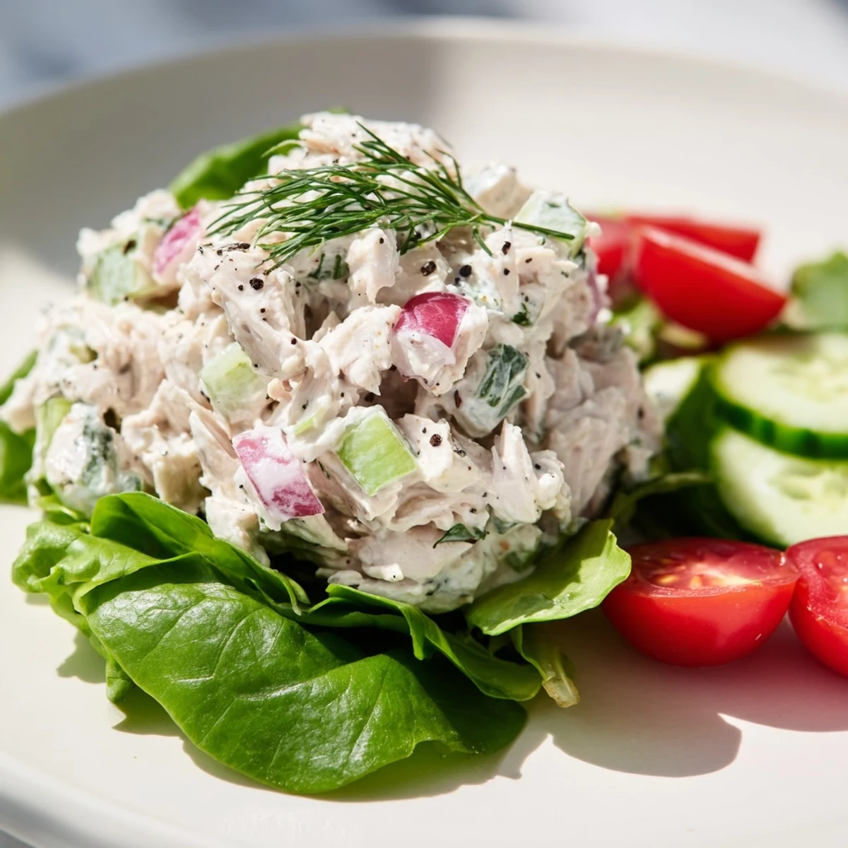 Simple gluten-free lunch idea: chicken salad on crisp mixed greens with cucumber and tomatoes, ready in under 30 minutes for an easy meal.