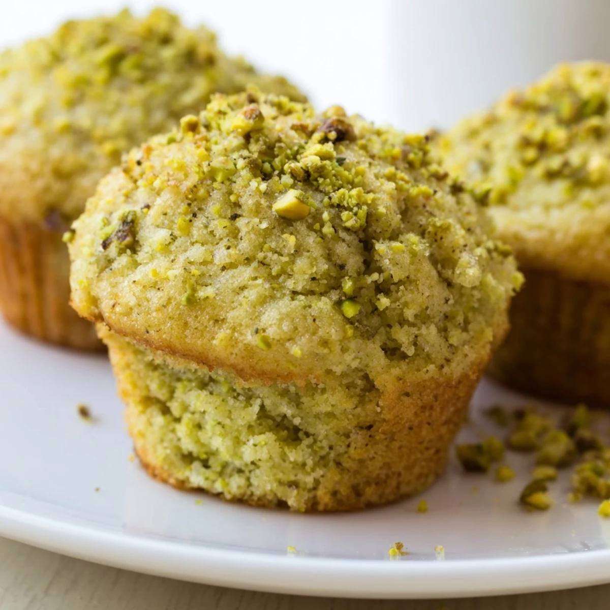 Freshly baked Green Pistachio Muffins cooling on a wire rack, topped with chopped nuts and ready for breakfast.
