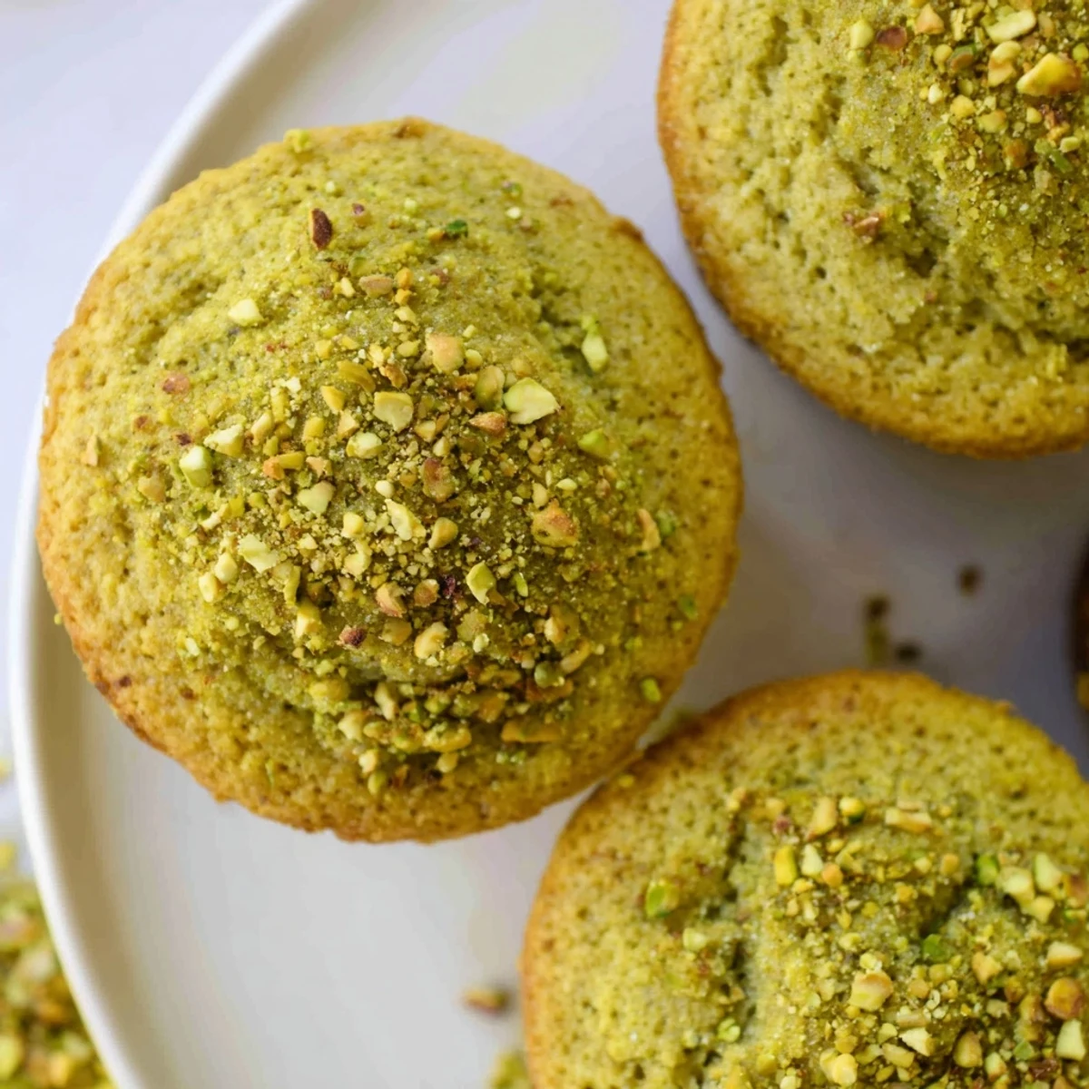 Close-up of moist, vibrant Green Pistachio Muffins revealing a soft crumb and rich green hue in a muffin tin.
