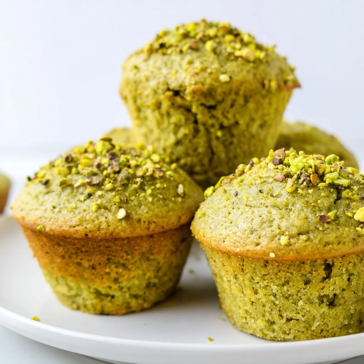 Homemade Green Pistachio Muffins with golden edges, served on a white plate alongside a steaming cup of green tea.