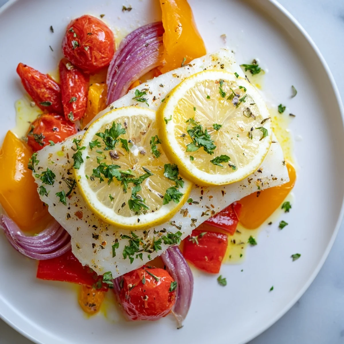 Tender cod fillets baked with lemon, garlic, and herbs, served over a colorful medley of roasted bell peppers and onions on a white plate.