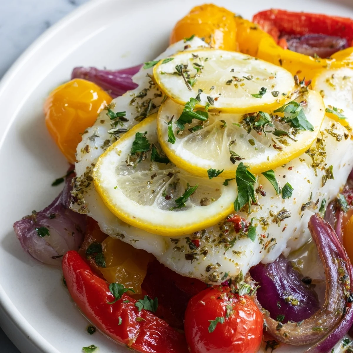 Healthy baked cod fillet dinner with vibrant roasted vegetables and lemon wedges, perfect for a gluten-free, low-carb weeknight meal.