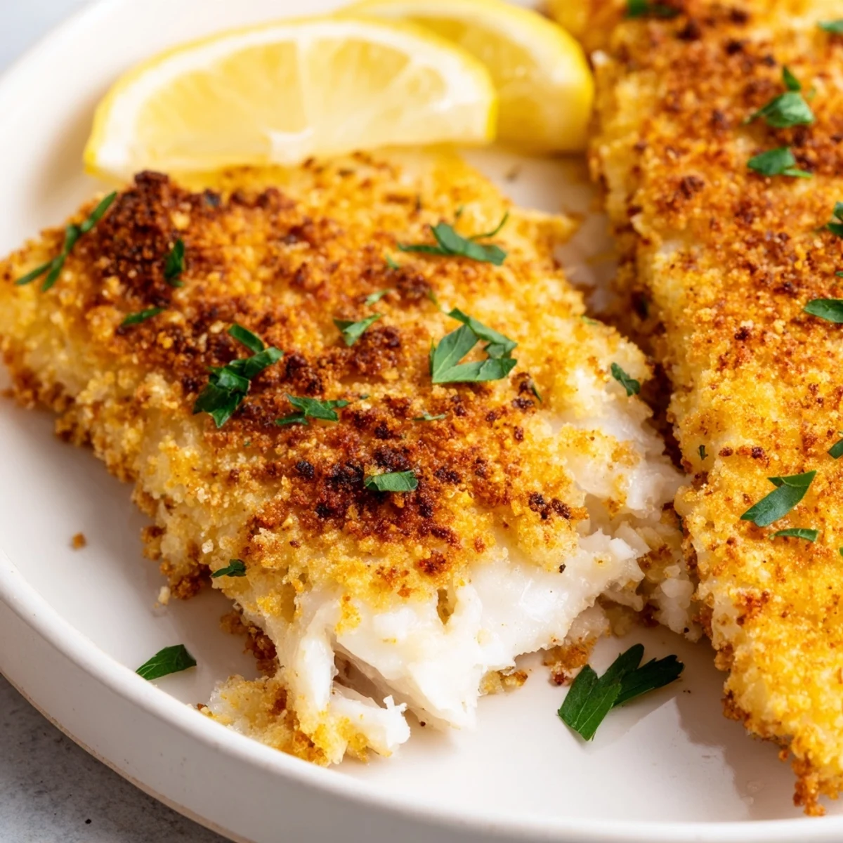 Golden-brown Cajun Fish Fry fillets with a crispy cornmeal crust, served with fresh lemon wedges.