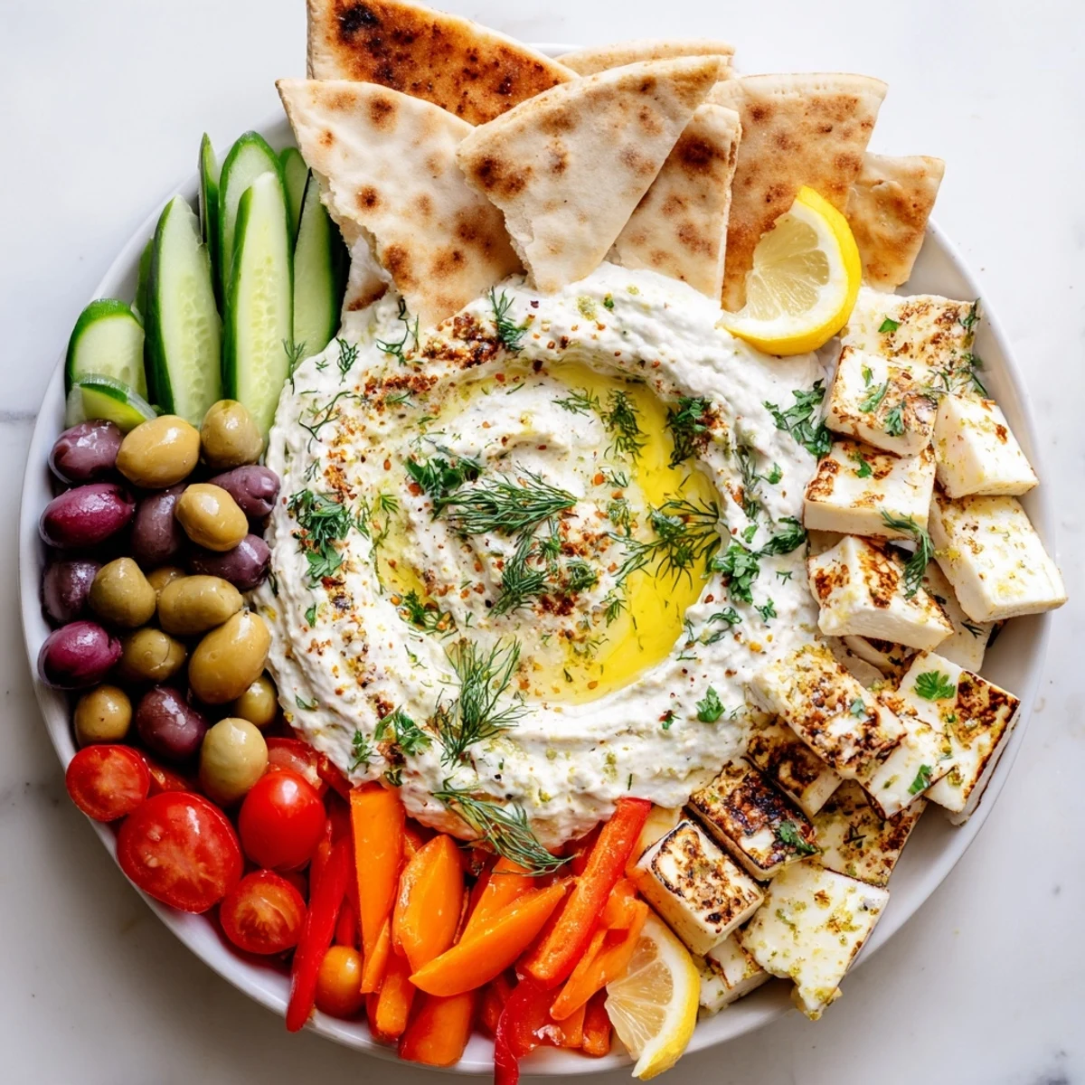 Crisp veggies and golden pita surround a bowl of Mediterranean dish platter with dip, perfect for sharing at parties or dinners.