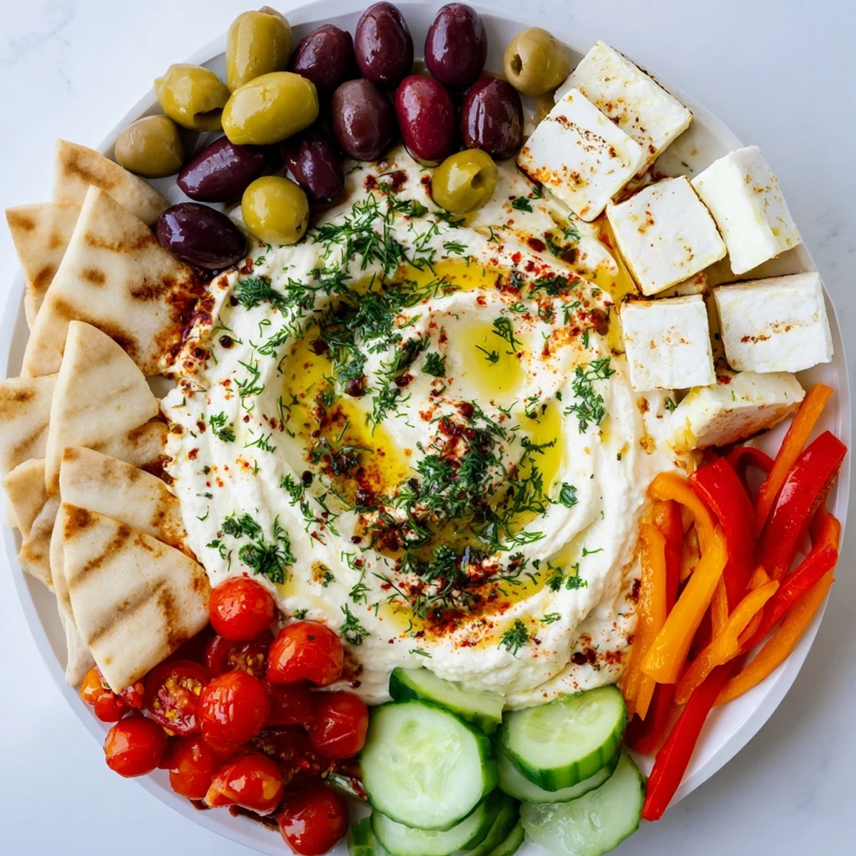 Bright Mediterranean dish platter with dip showcases feta cubes, Kalamata olives, crisp cucumbers, cherry tomatoes, and fresh dill garnish.