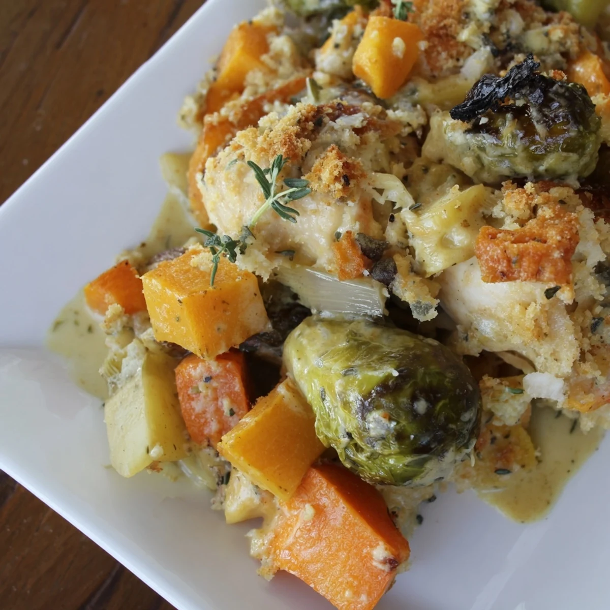 Golden-brown Winter Dish Casserole Bake emerges from the oven, bubbling with tender chicken and seasonal vegetables in a creamy herb sauce.  