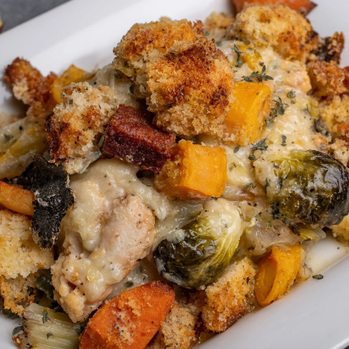 A family-style Winter Dish Casserole Bake is served steaming in a dish, garnished with fresh thyme for a cozy weeknight dinner.
