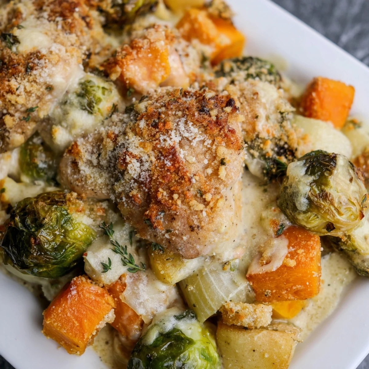 Hearty Winter Dish Casserole Bake features layers of butternut squash and Brussels sprouts topped with a crispy, cheesy gluten-free crust.  