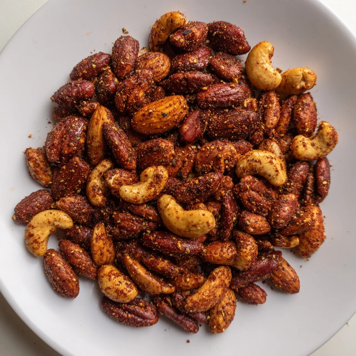Golden-brown Creole Spiced Nuts spill from a ceramic bowl, showcasing a bold spice mix coating pecans and cashews.