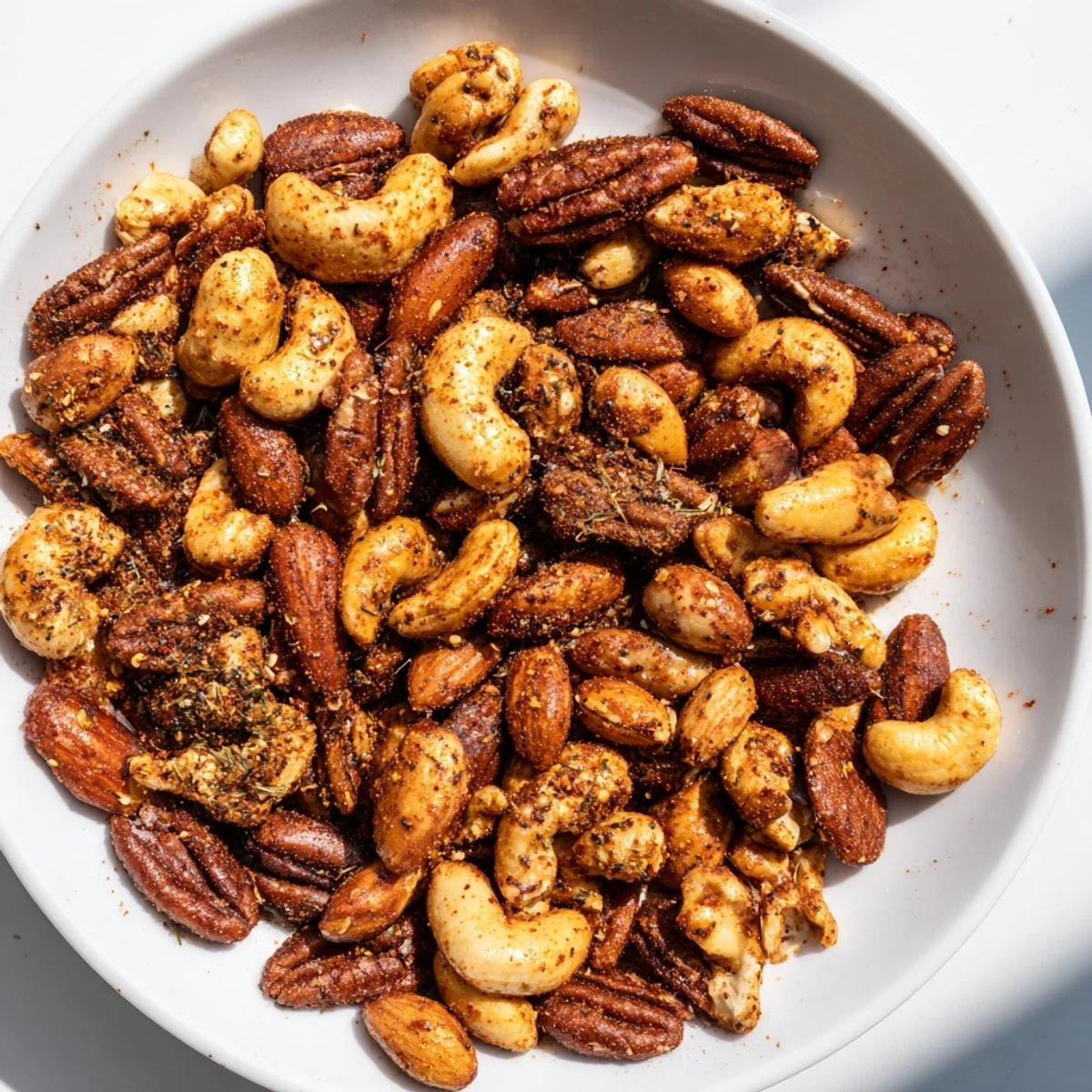 A rustic wooden board displays freshly roasted Creole Spiced Nuts, glistening with butter and cayenne, ready to be enjoyed.