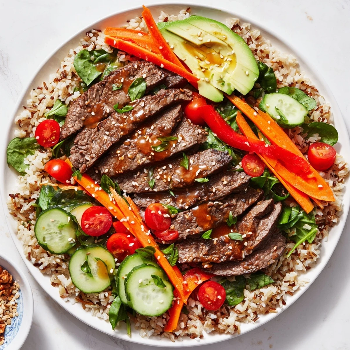 This hearty Beef Meal Bowl with Grains showcases colorful vegetables, juicy beef strips, and wholesome grains, garnished with fresh herbs and sesame seeds for a nutritious lunch.  