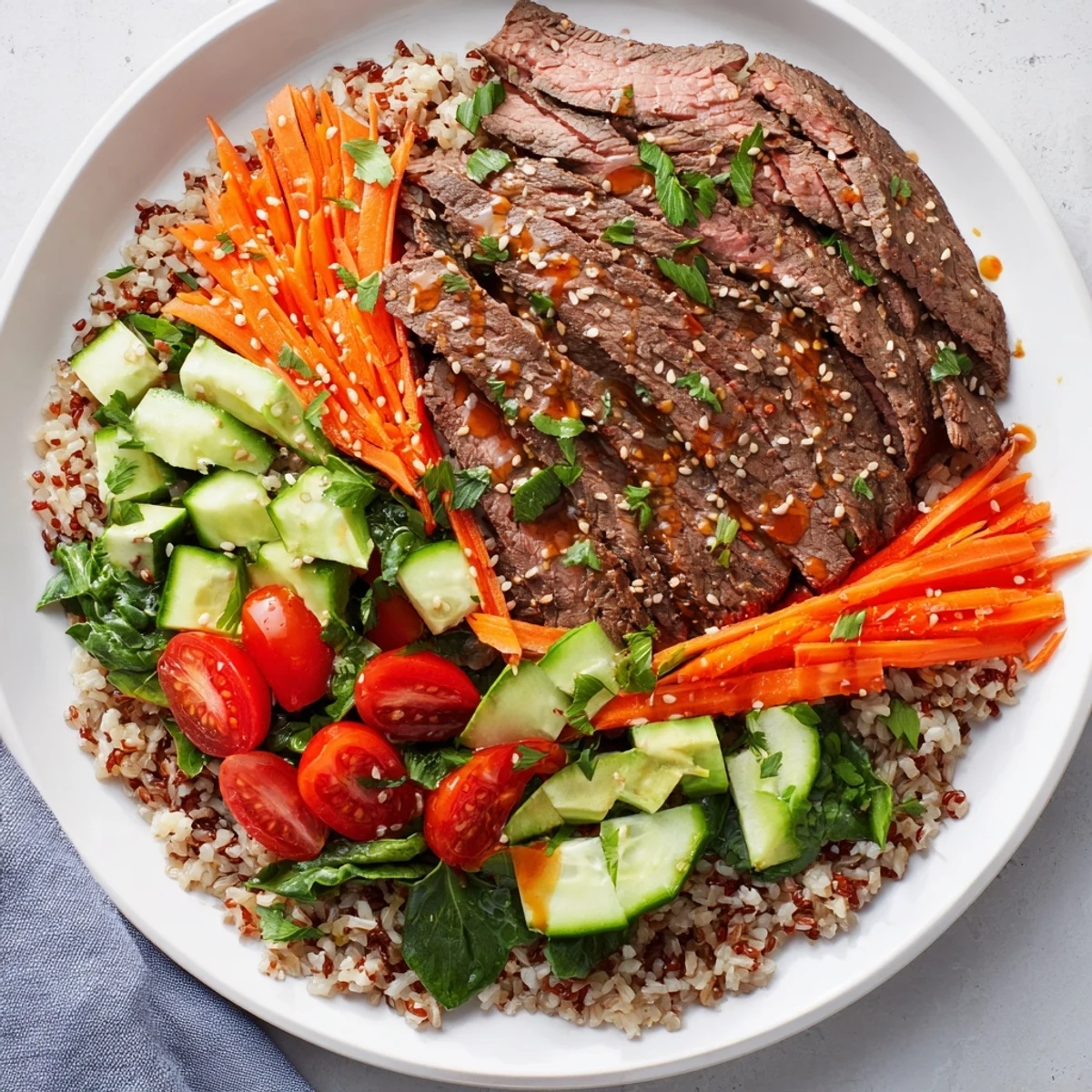 Close-up of a delicious Beef Meal Bowl with Grains, highlighting sliced beef, avocado, and cherry tomatoes atop a bed of brown rice and spinach, perfect for a healthy dinner.