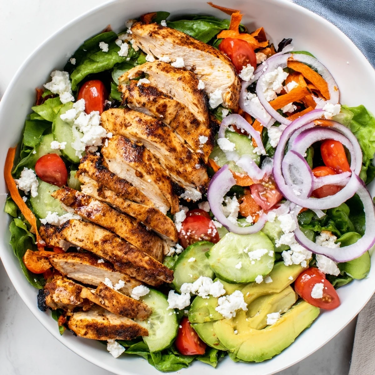 Vibrant Chicken Meal Prep Salad with grilled chicken, crisp veggies, and feta in a glass container.  