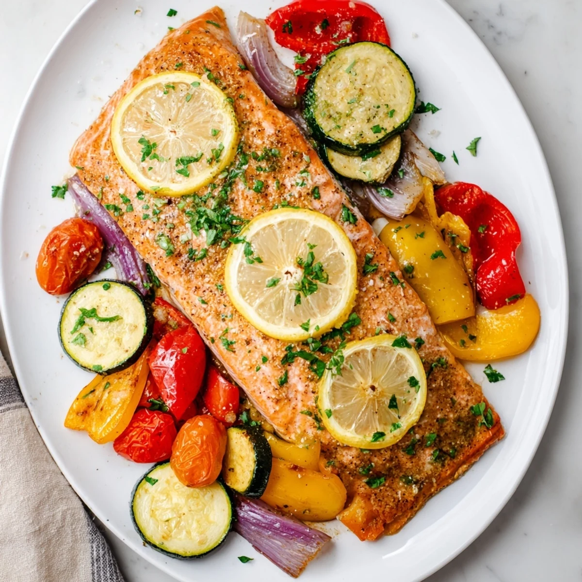 Vibrant baked salmon with roasted vegetables garnished with fresh parsley and lemon wedges for a zesty finish.