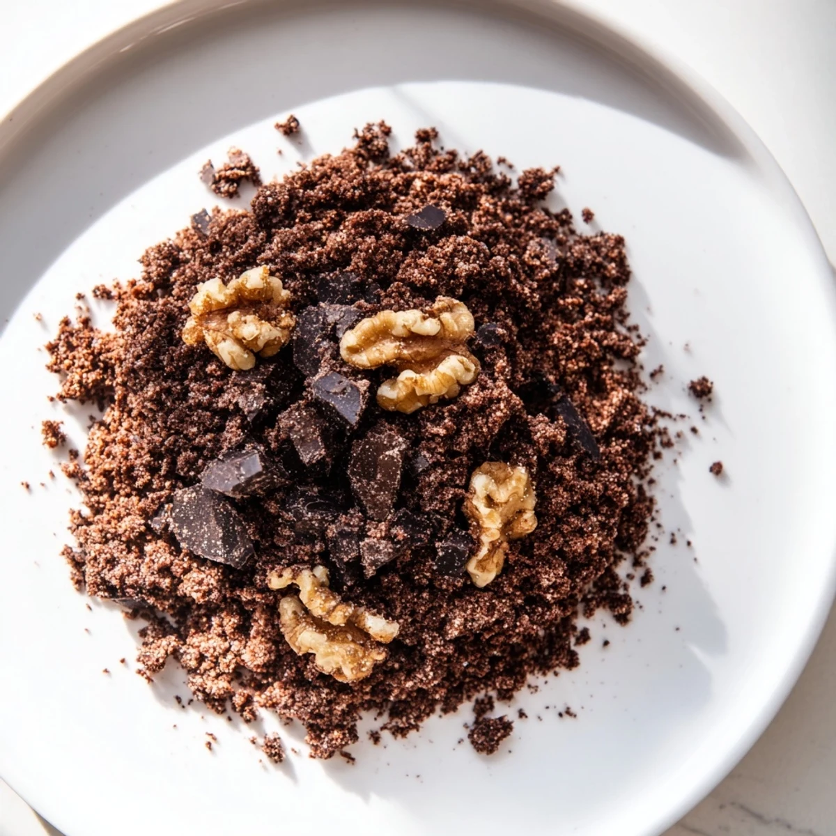 Golden brown Chocolate Cookie Crumble Topping sprinkled over a scoop of vanilla bean ice cream.