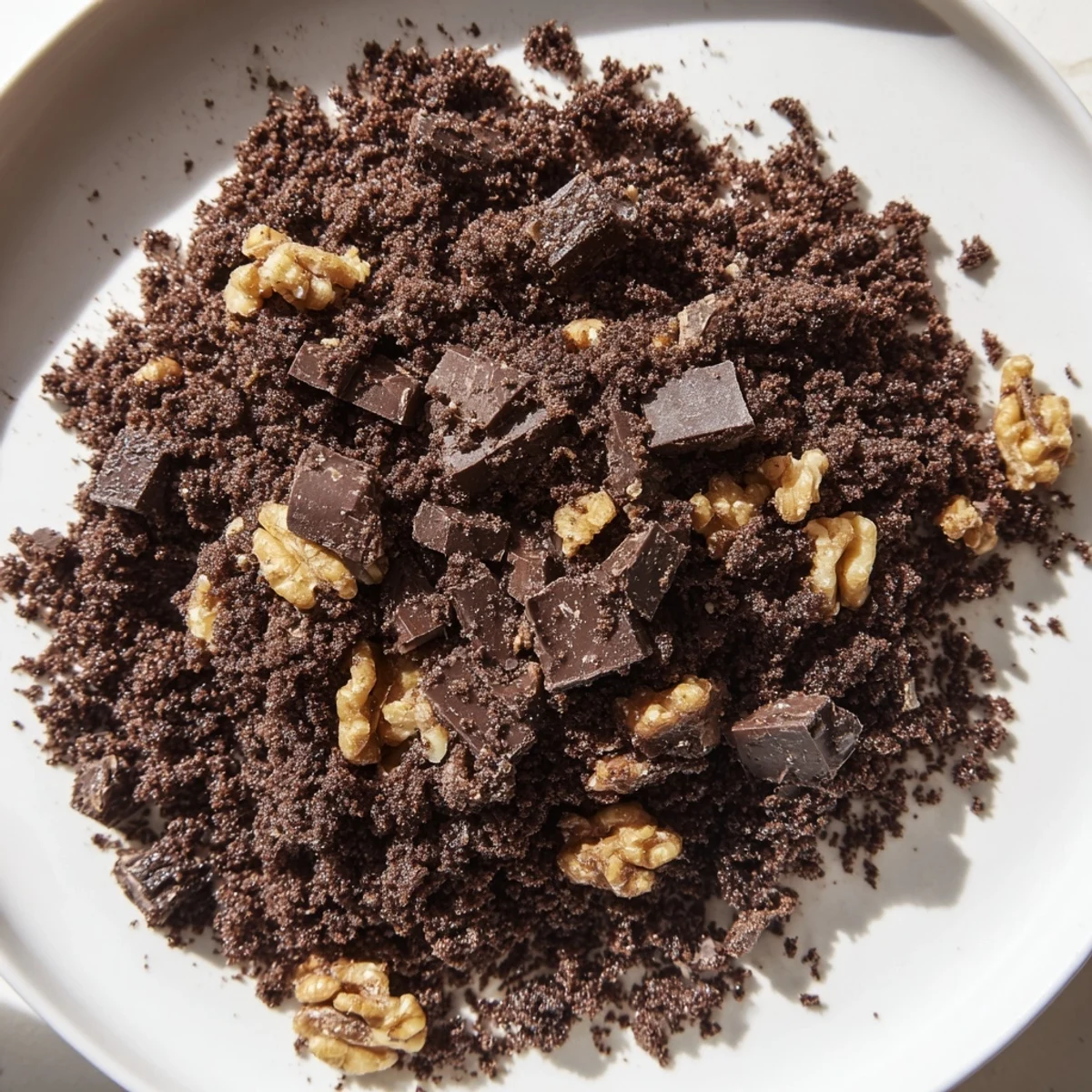 Fine chocolate cookie crumbs mixed with melted butter and optional chopped hazelnuts in a bowl.