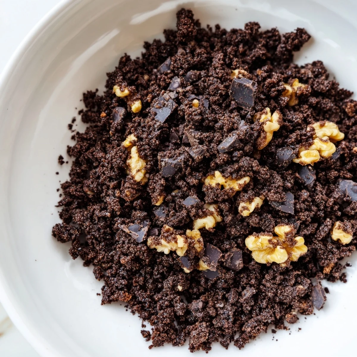 Freshly made Chocolate Cookie Crumble Topping ready to garnish a slice of rich chocolate cream pie.
