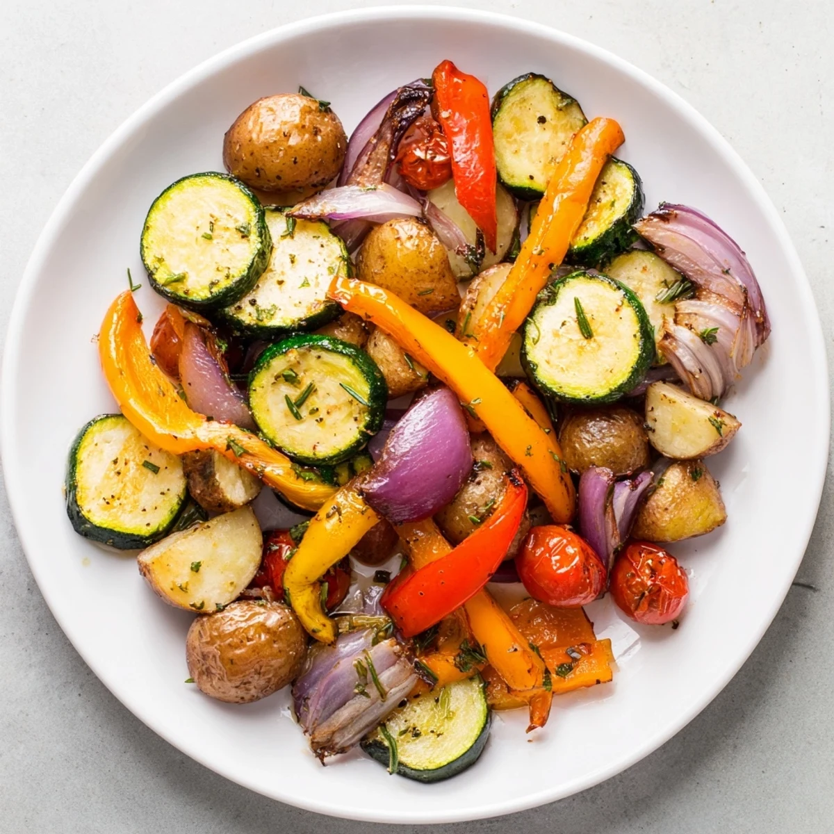 Colorful roasted vegetable medley pan filled with zucchini, bell peppers, and golden potatoes on a baking sheet.
