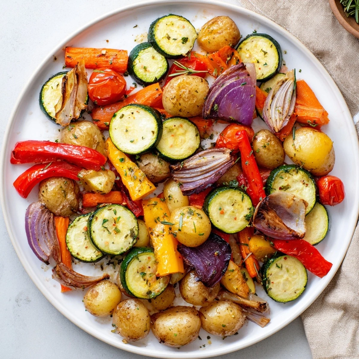 Freshly roasted vegetable medley pan served hot from the oven, garnished with rosemary and thyme.