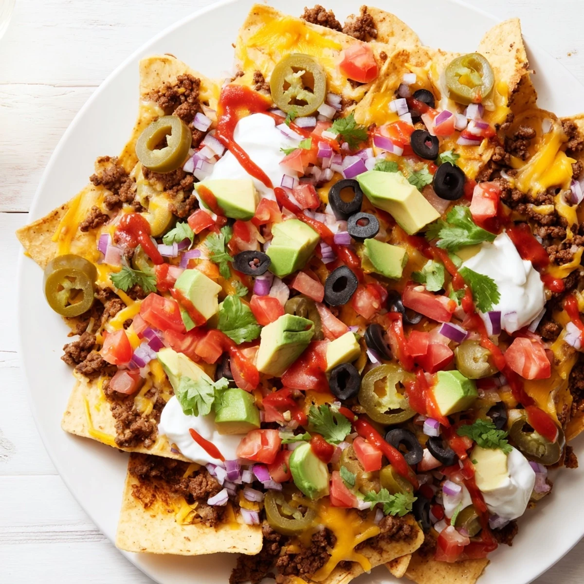 Hearty Super Bowl nacho platter featuring zesty taco meat, gooey cheese, and vibrant avocado, perfect for game day sharing.