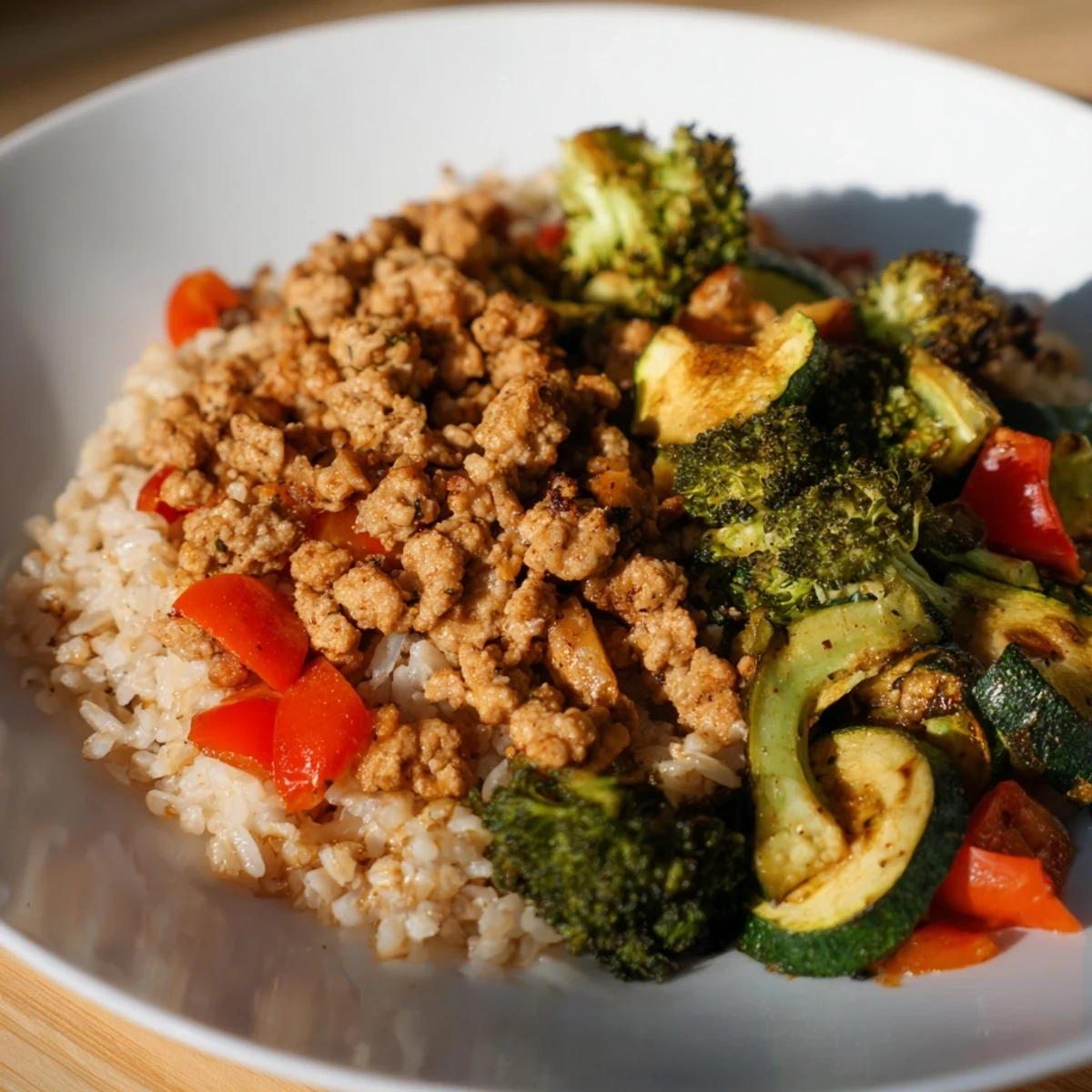 Turkey Meal Prep Containers with roasted veggies and brown rice on a white countertop.