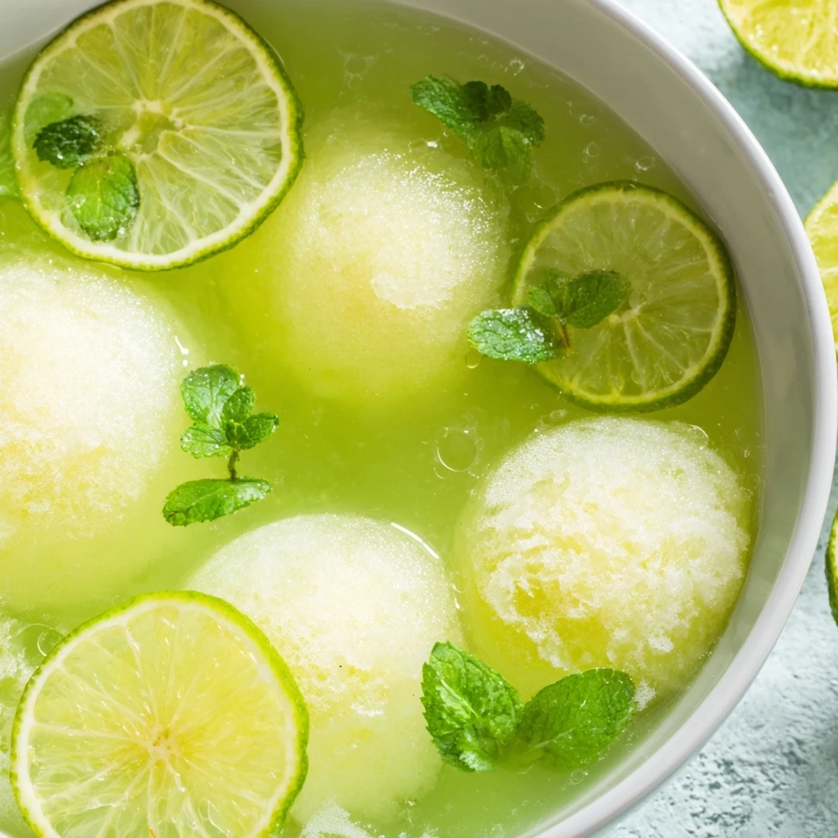 A vibrant bowl of Green Lime Sherbet Punch with scoops of sherbet melting into fizzy soda and pineapple juice, garnished with fresh lime slices and mint.  