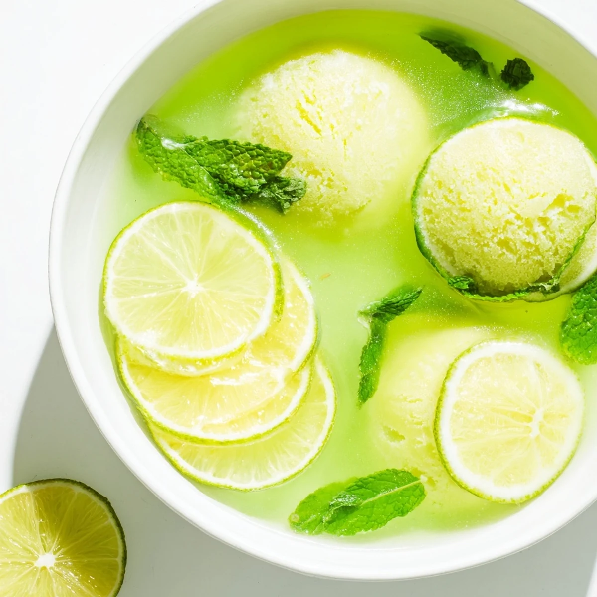 Refreshing Green Lime Sherbet Punch in a large punch bowl, with tangy lime sherbet floating atop fizzy soda, ready to serve a crowd.