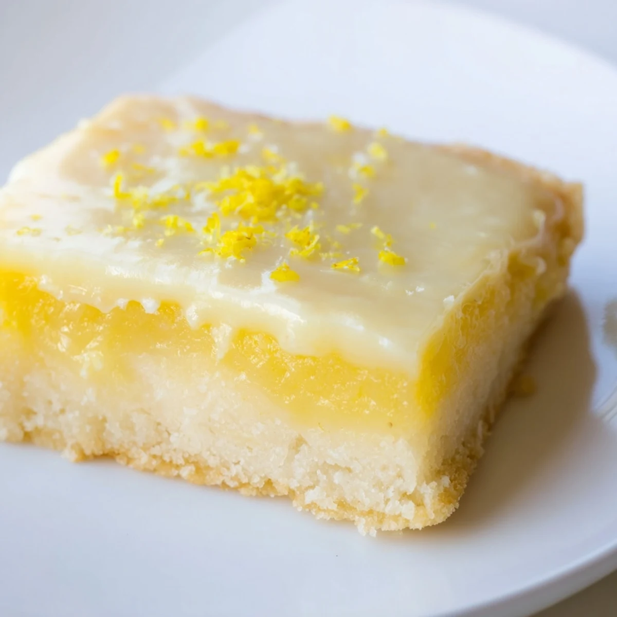 Freshly cut Lemon Dessert Bars on a white plate, featuring a tangy lemon filling, sweet glaze, and dusting of powdered sugar.  