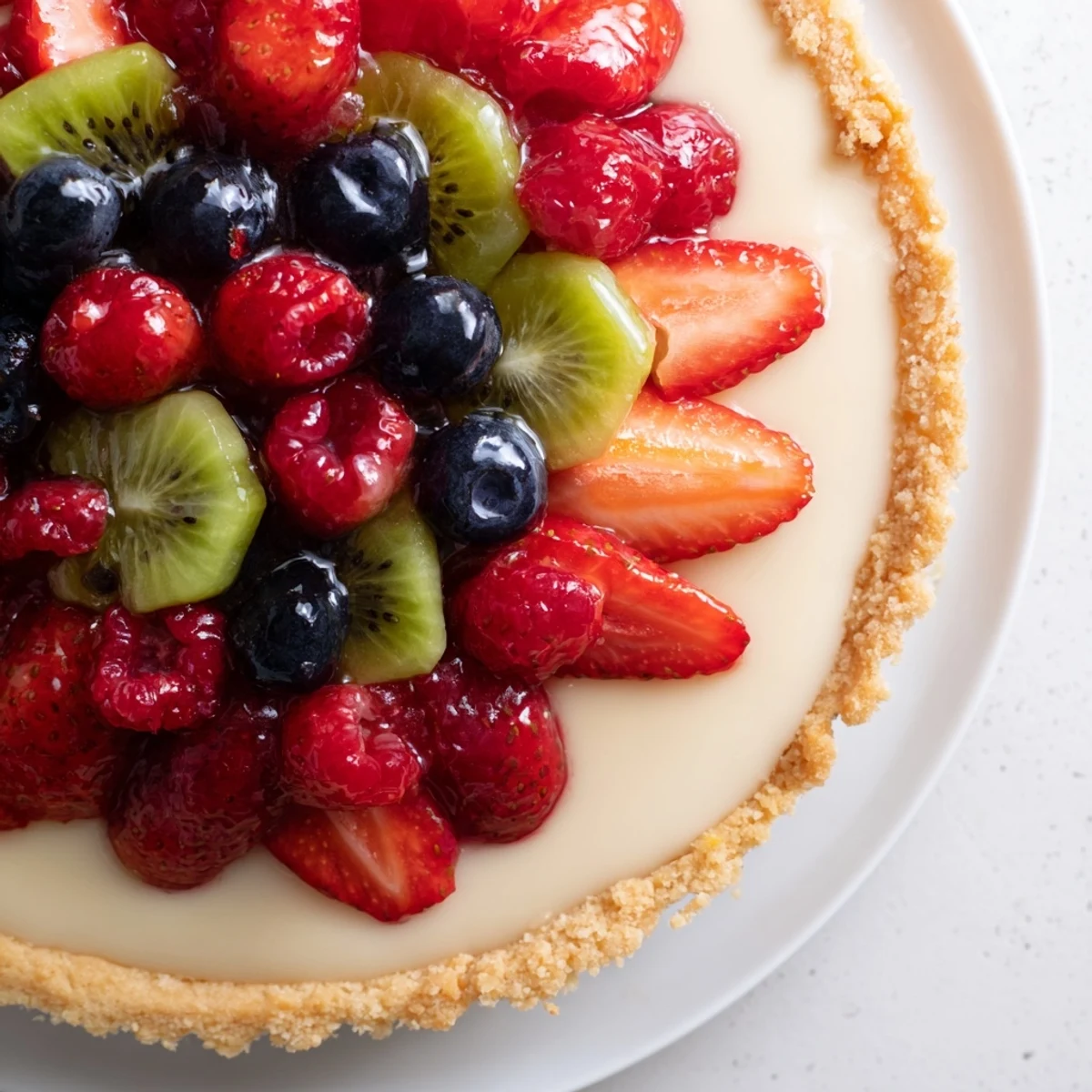 Fresh, sliced strawberries, raspberries, blueberries, and kiwi glisten on this Valentine Fruit Tart, revealing creamy vanilla pastry cream in every slice. 