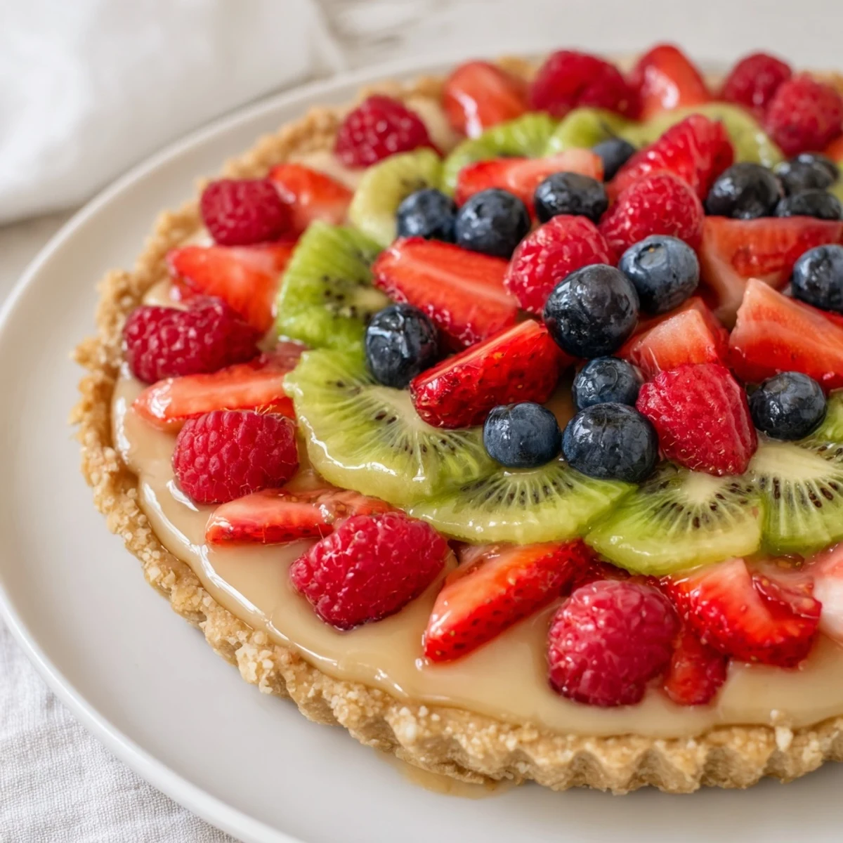 Close-up of a Valentine Fruit Tart showing glazed apricot fruit and a tender, buttery crust, ready to serve for a sweet treat.