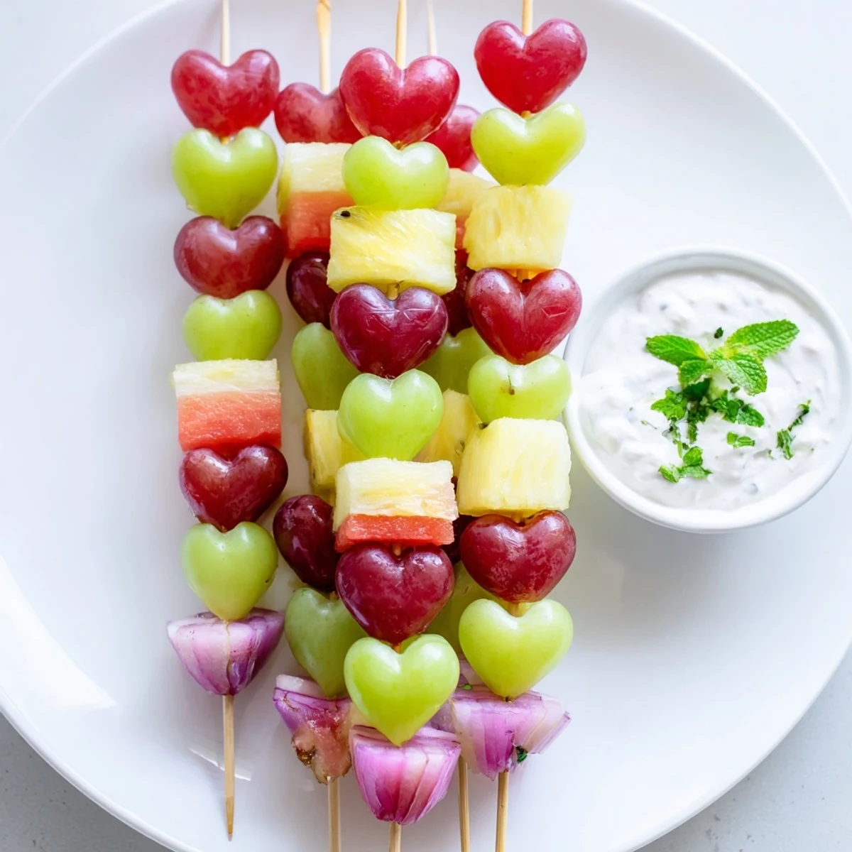 Vibrant heart-shaped fruit skewers with watermelon, pineapple, and grapes are arranged on a platter with a creamy honey-kissed yogurt dip for a healthy sweet snack.