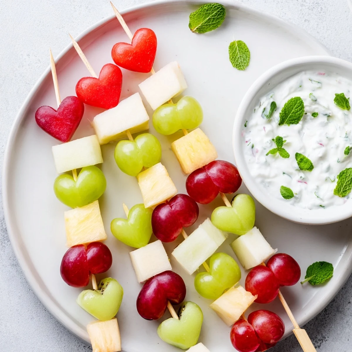 Close-up view of homemade Sweetheart Fruit Skewers with Yogurt Dip showing colorful apple, kiwi, and strawberry hearts next to a glossy vanilla-infused Greek yogurt dip.