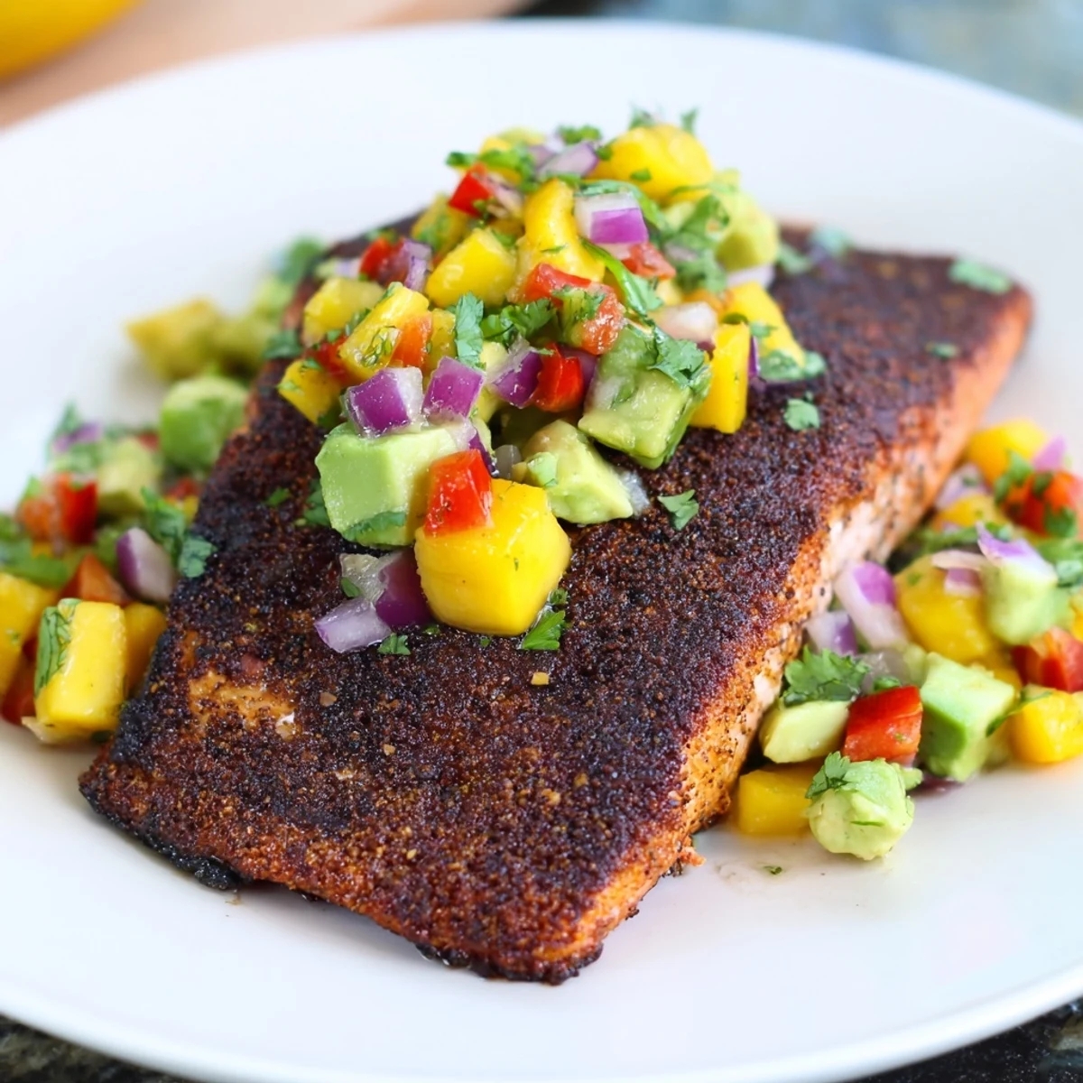 Blackened salmon fillets topped with fresh mango avocado salsa, served with lime and cilantro.
