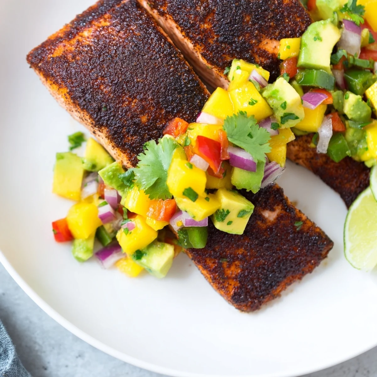 Spicy blackened salmon with mango avocado salsa, plated next to a chilled glass of white wine.