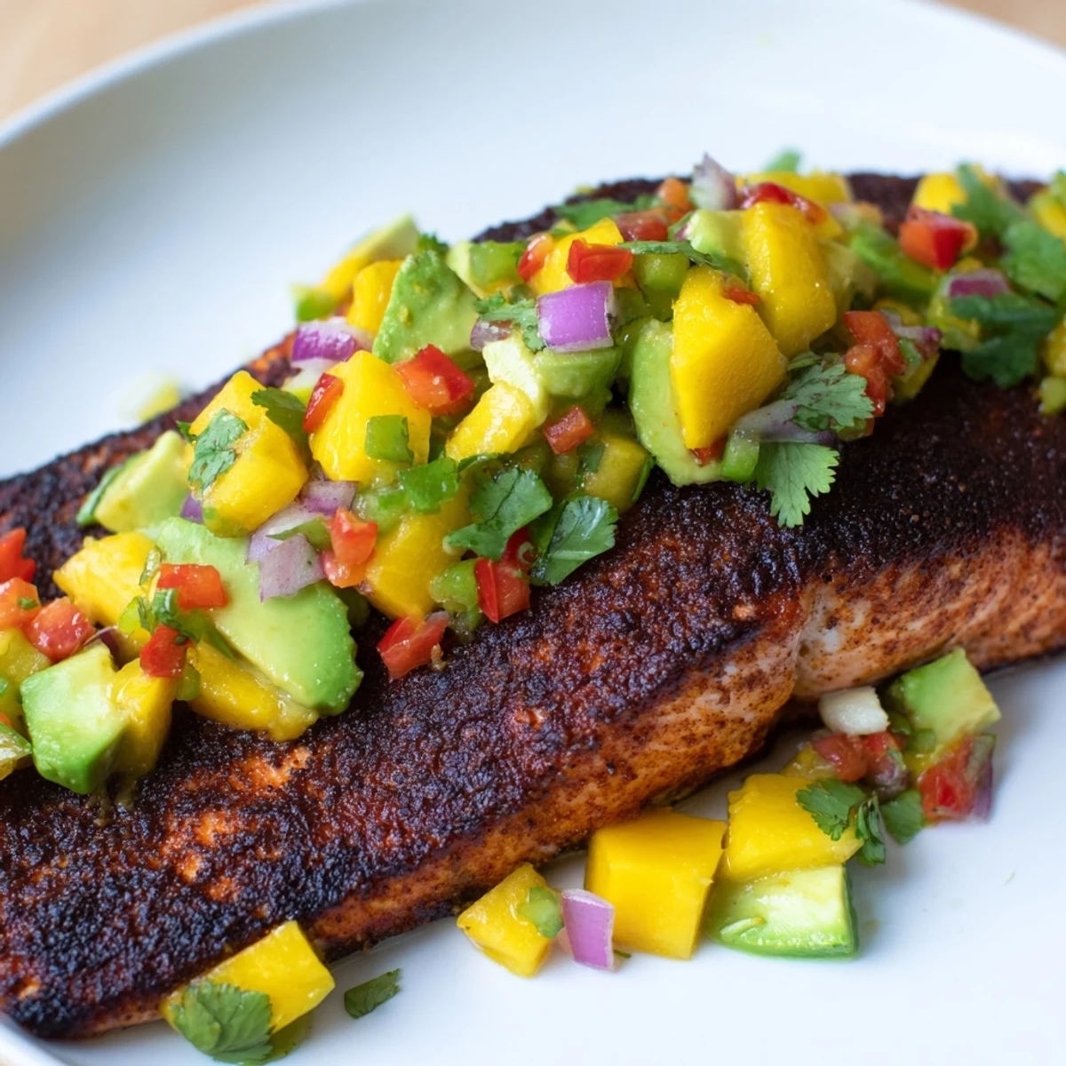 Golden seared blackened salmon fillet garnished with colorful mango avocado salsa and a squeeze of lime.