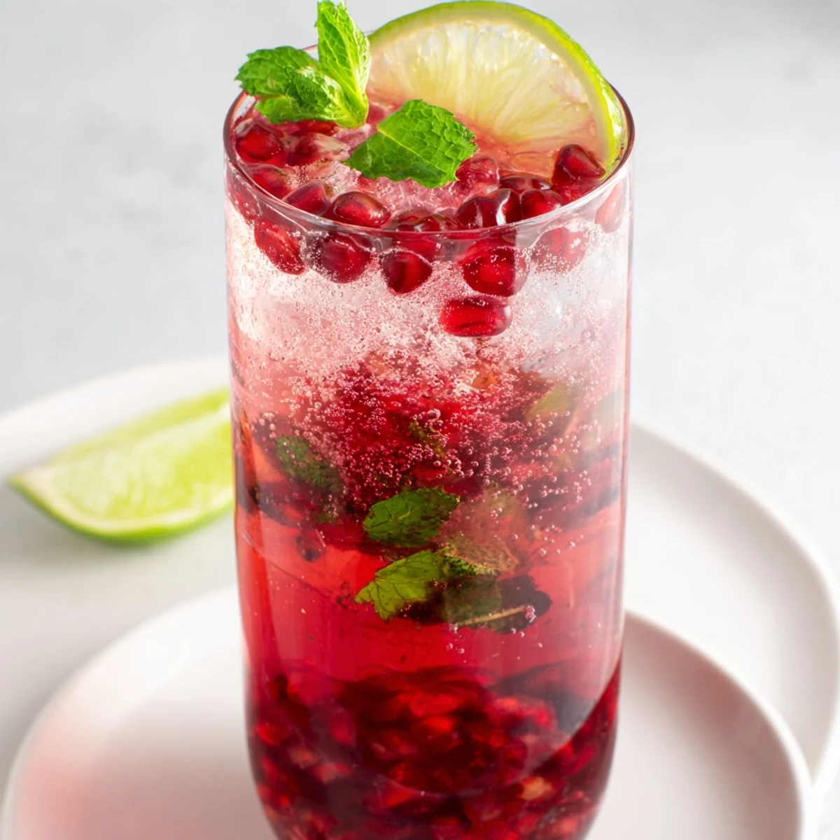 Two tall glasses of Pomegranate Fizz Mocktail with Lime, filled with ice and vibrant red liquid, garnished with fresh lime slices, pomegranate arils, and mint leaves.  