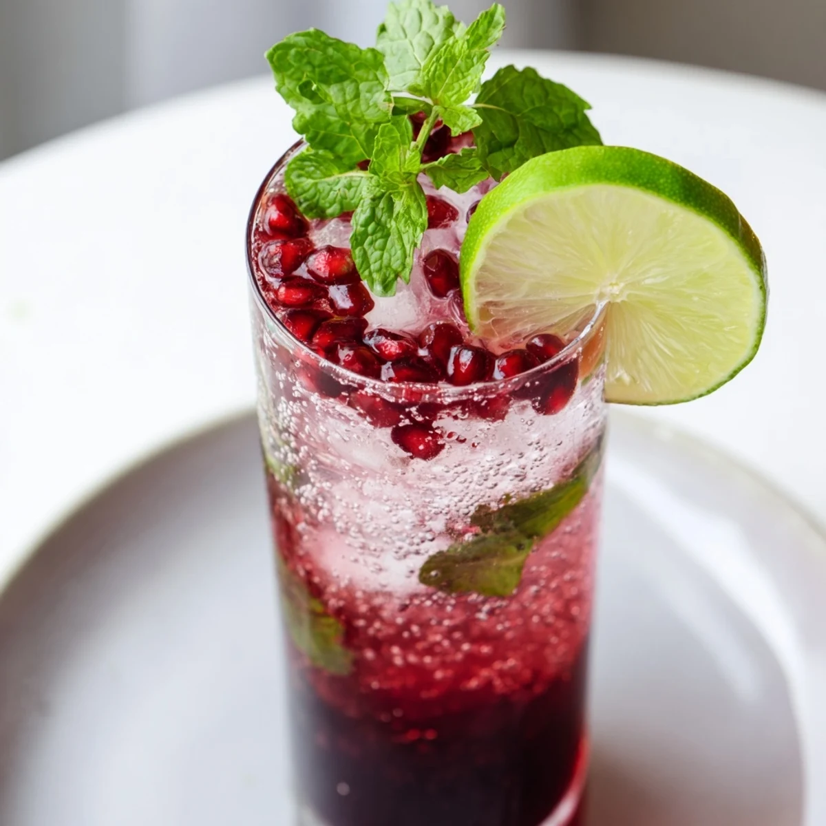 Overhead shot of Pomegranate Fizz Mocktail with Lime in clear glasses, surrounded by scattered pomegranate seeds and fresh limes on a rustic table.