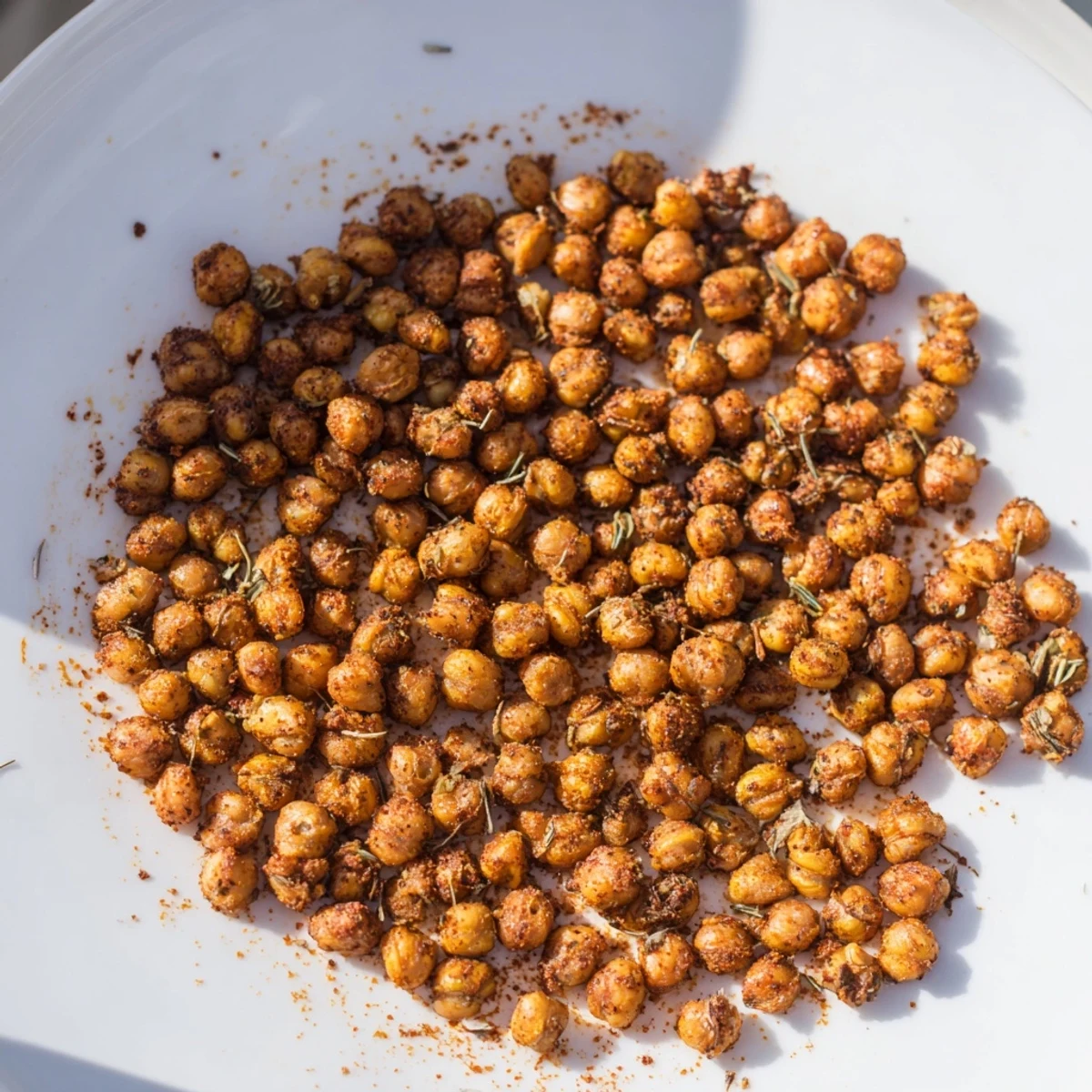 A bowl of golden-brown Cajun Spiced Roasted Chickpeas, glistening with oil and speckled with spices, perfect for snacking or topping salads.