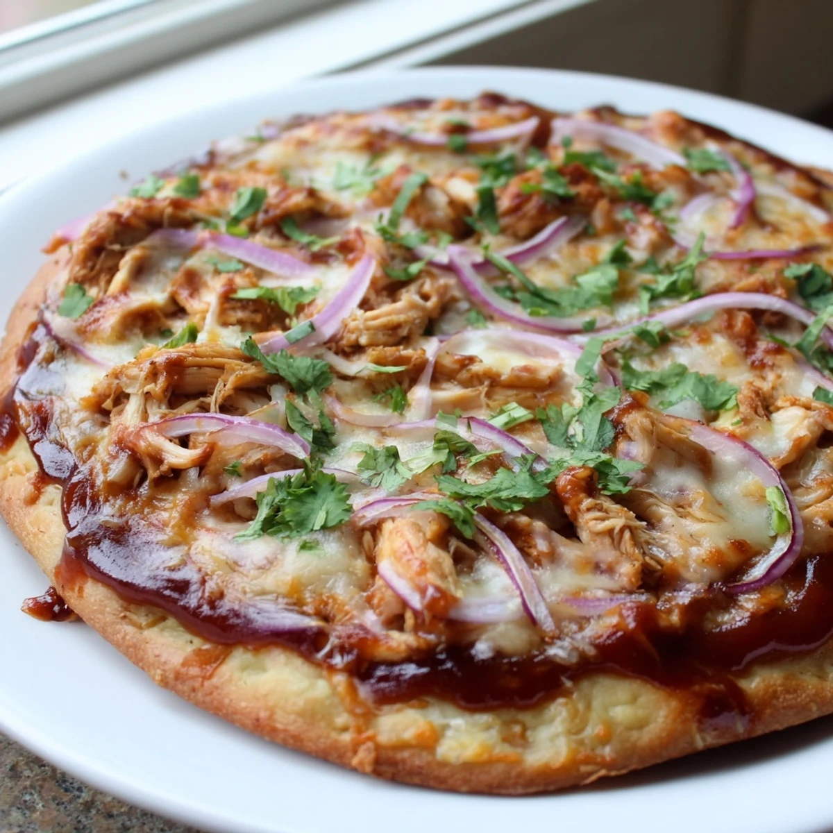 Golden BBQ chicken pizza with red onion and cilantro slices, baked on a wooden board with melted mozzarella and smoked Gouda bubbling.