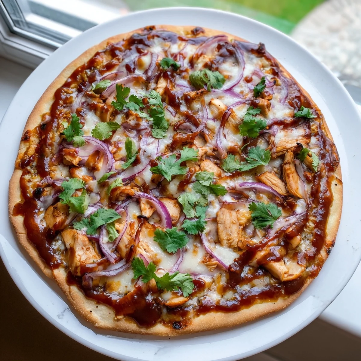 Homemade BBQ chicken pizza topped with red onion and cilantro, served on a rustic table with a side salad for a complete meal.