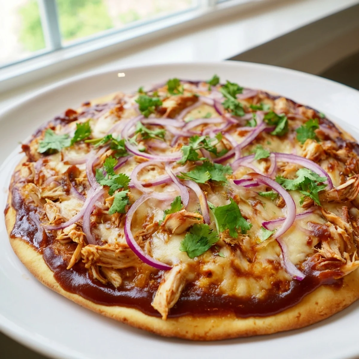 Close-up of a BBQ chicken pizza slice featuring red onion and cilantro, showcasing gooey cheese and smoky sauce on a golden crust.
