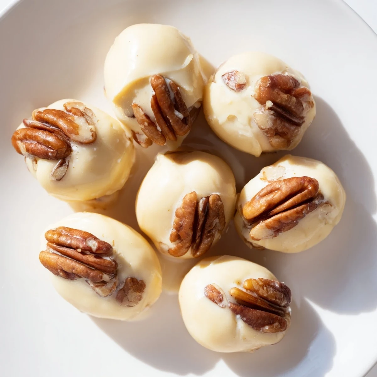A close-up of creamy Mardi Gras Pecan Pralines with Cream, their glossy surface studded with golden-brown pecan halves.