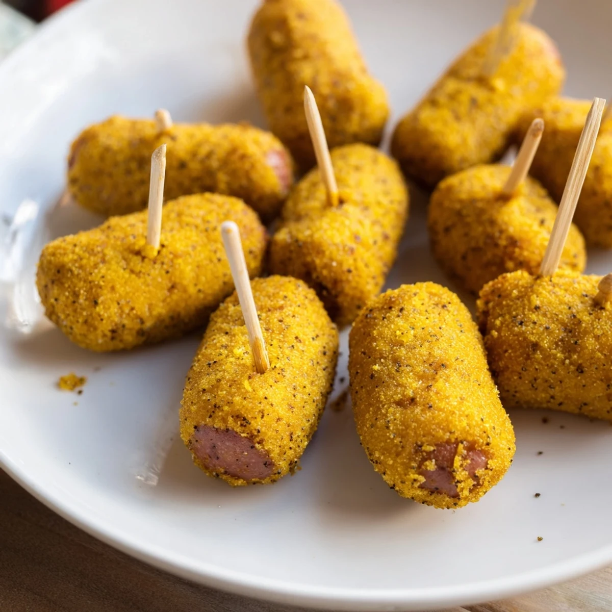 Freshly fried Mini Corn Dogs with Beef Franks served hot with a side of spicy dipping sauce.