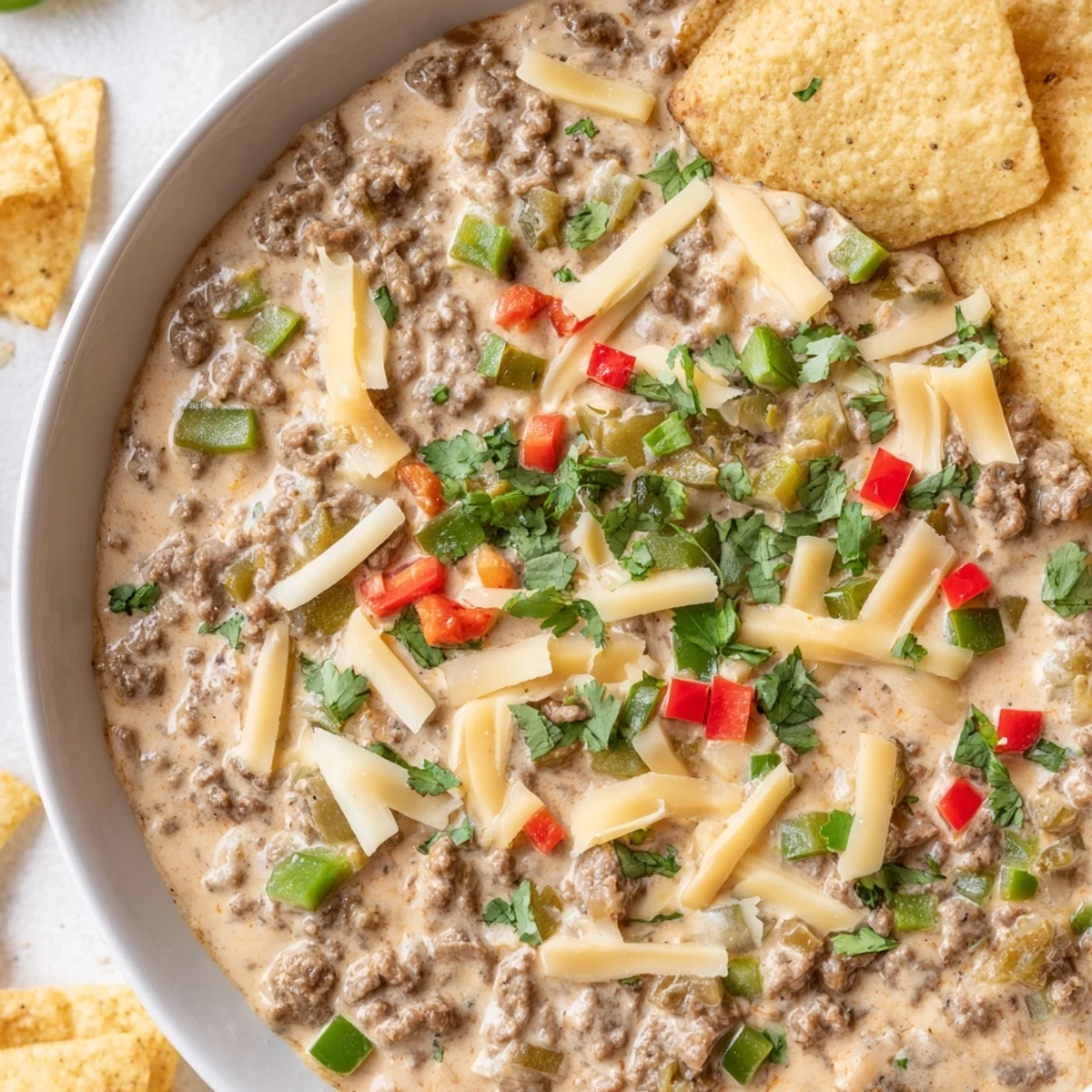 A warm bowl of Beef Queso Dip garnished with cilantro, served alongside crispy golden tortilla chips for dipping.