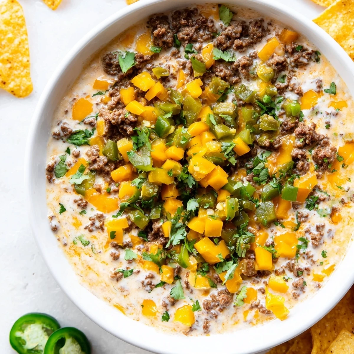 Thick, creamy Beef Queso Dip in a rustic bowl, surrounded by colorful tortilla chips perfect for a party platter.